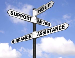 Street sign pointing to support, advice, guidance, assistance, and help.