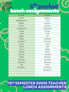 List of 5th period teacher's lunches